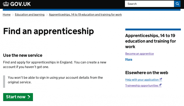 Start at GOV.UK for Find an apprenticeship